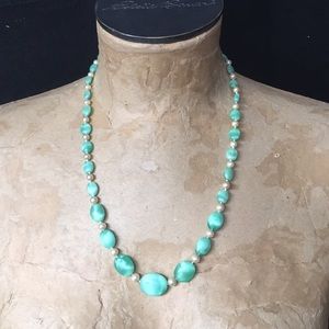 Vintage Faux Jade and Pearl Necklace 14K Closure
